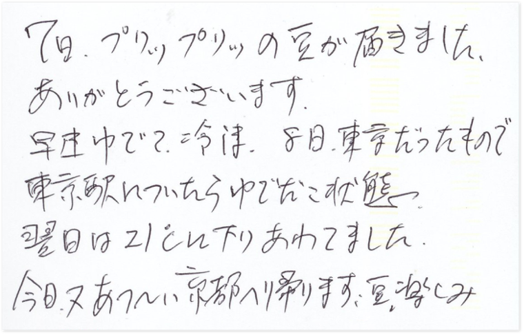 7日、プリップリッの豆が届きました。ありがとうございます。